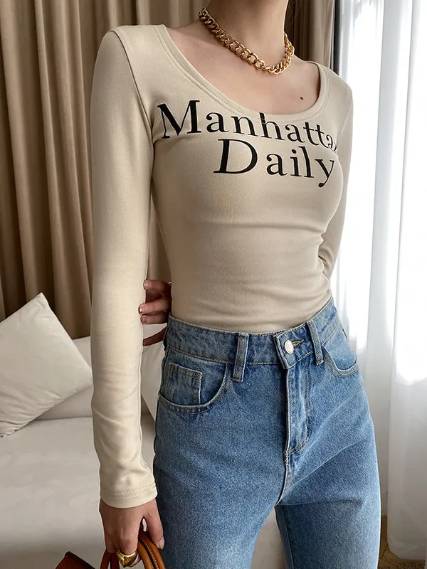 Letter Print Long Sleeves Skinny U-Neck T-Shirts