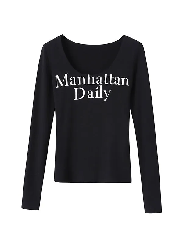 Letter Print Long Sleeves Skinny U-Neck T-Shirts
