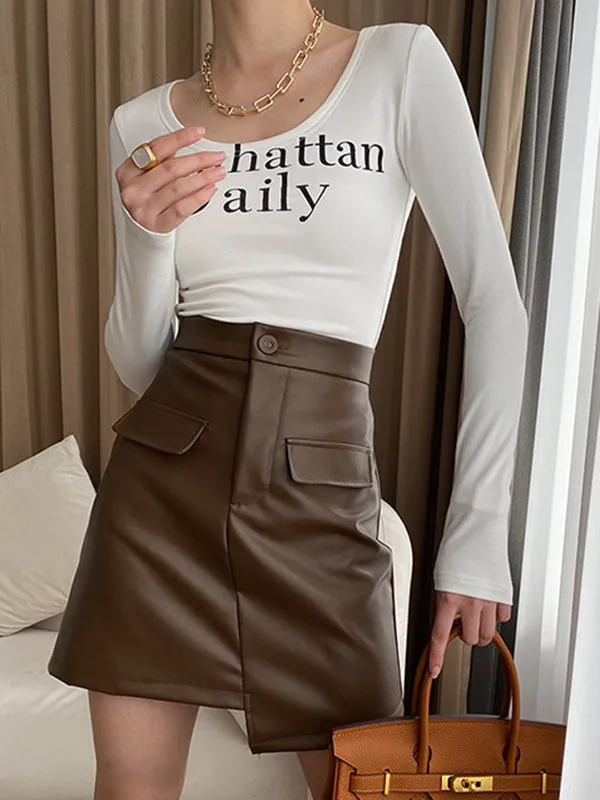 Letter Print Long Sleeves Skinny U-Neck T-Shirts