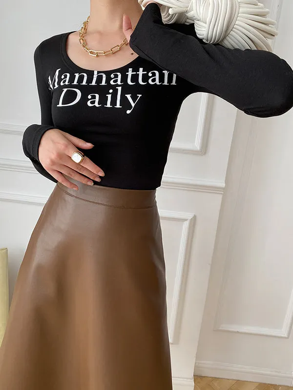Letter Print Long Sleeves Skinny U-Neck T-Shirts