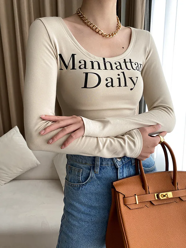 Letter Print Long Sleeves Skinny U-Neck T-Shirts