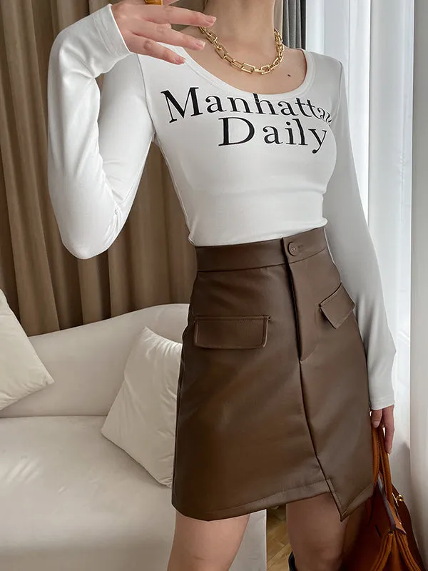 Letter Print Long Sleeves Skinny U-Neck T-Shirts