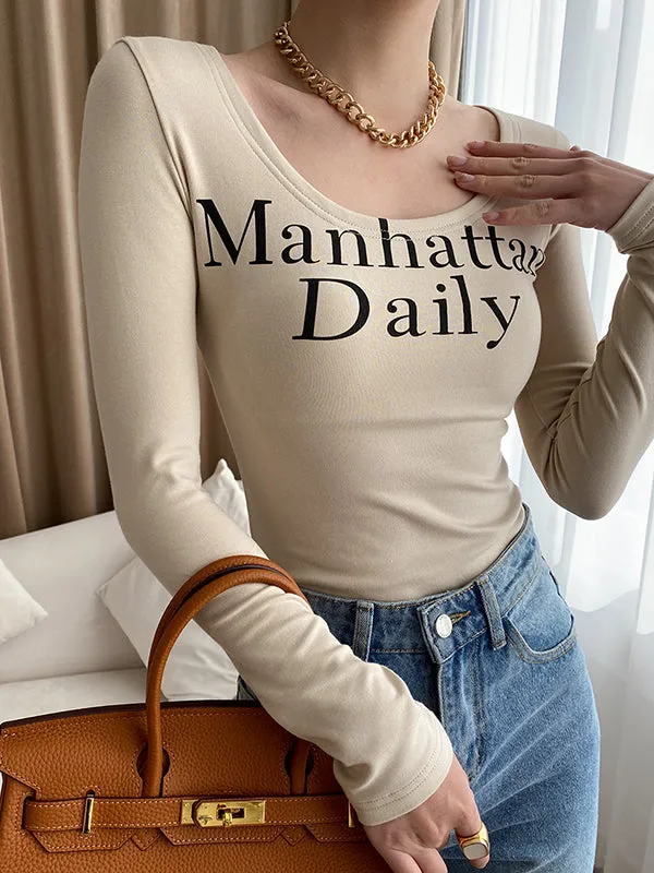 Letter Print Long Sleeves Skinny U-Neck T-Shirts