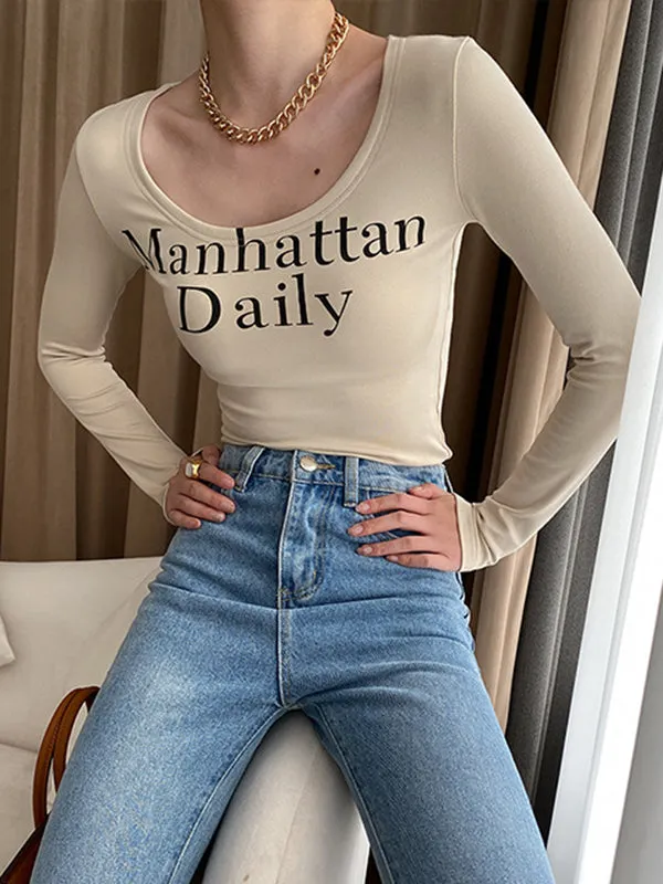 Letter Print Long Sleeves Skinny U-Neck T-Shirts