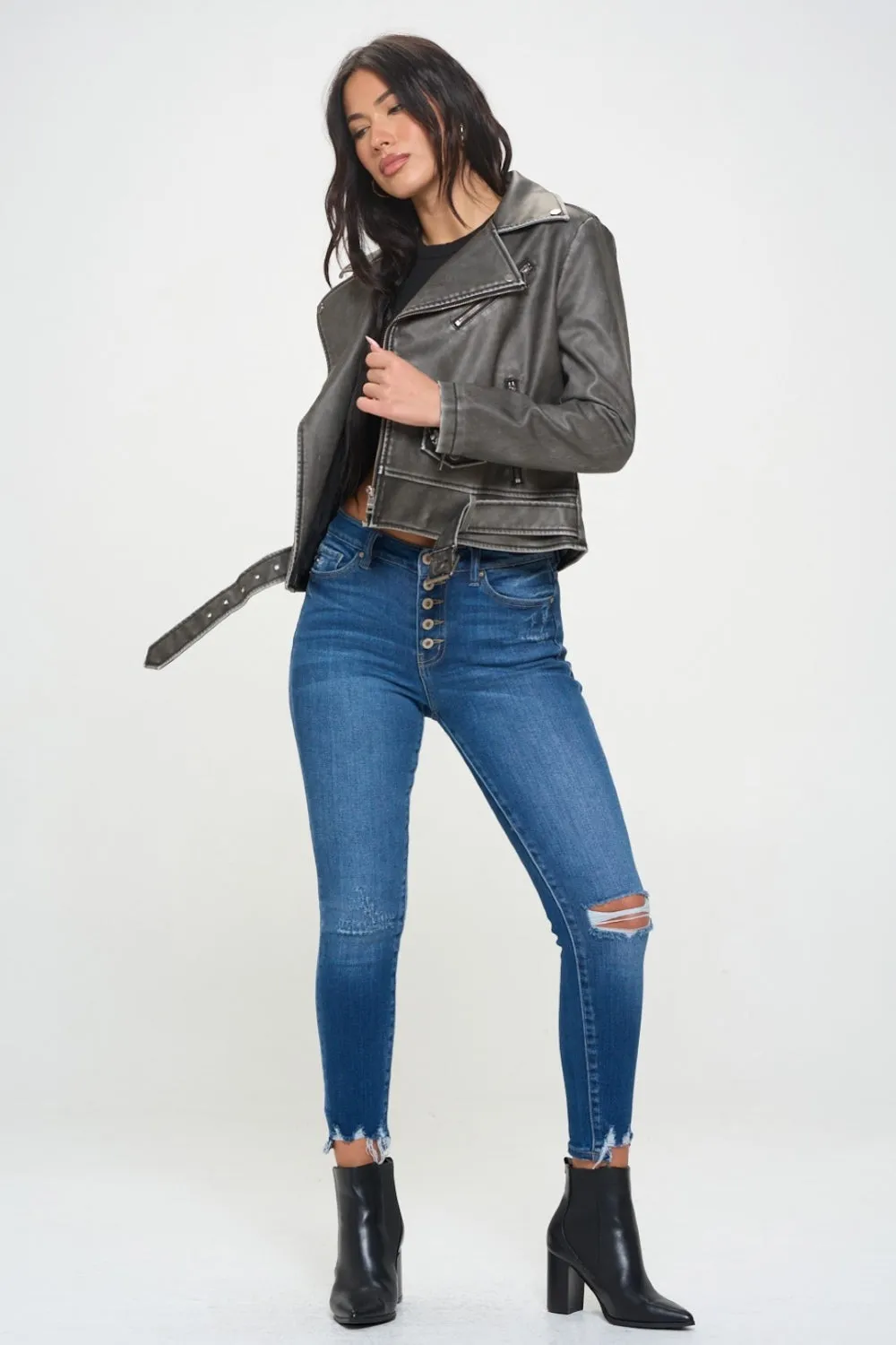 Lucy Zip Up Biker Jacket with Belt