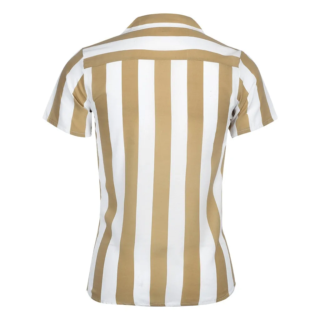 Men Fashion Shirts Casual Multicolor Striped Lapel Hawaiian Shirts Short-Sleeve