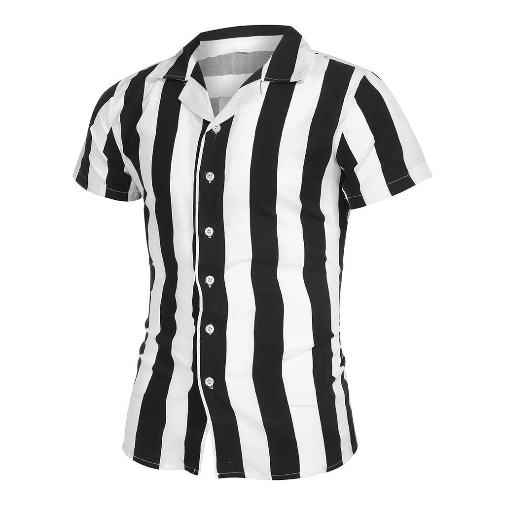 Men Fashion Shirts Casual Multicolor Striped Lapel Hawaiian Shirts Short-Sleeve