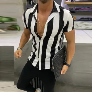 Men Fashion Shirts Casual Multicolor Striped Lapel Hawaiian Shirts Short-Sleeve
