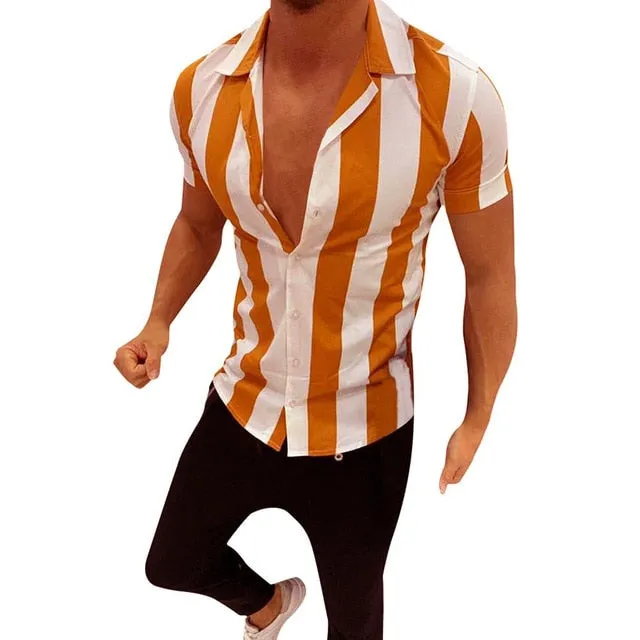Men Fashion Shirts Casual Multicolor Striped Lapel Hawaiian Shirts Short-Sleeve