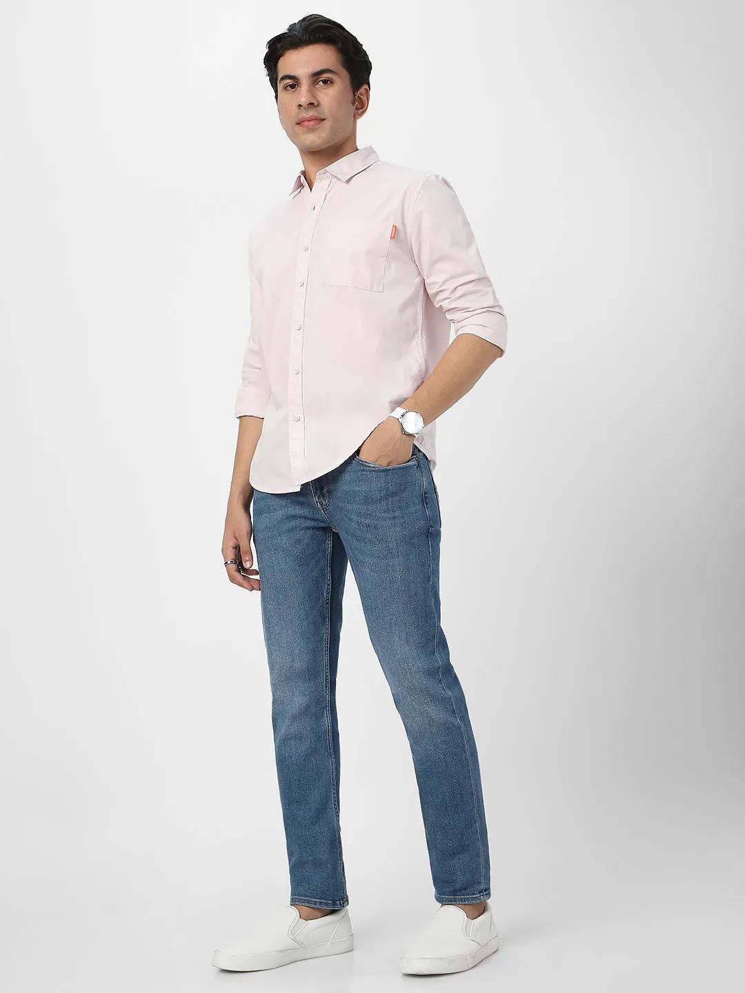 Men's Baby Pink Cotton Full Sleeve Regular Fit Casual Solid Shirt