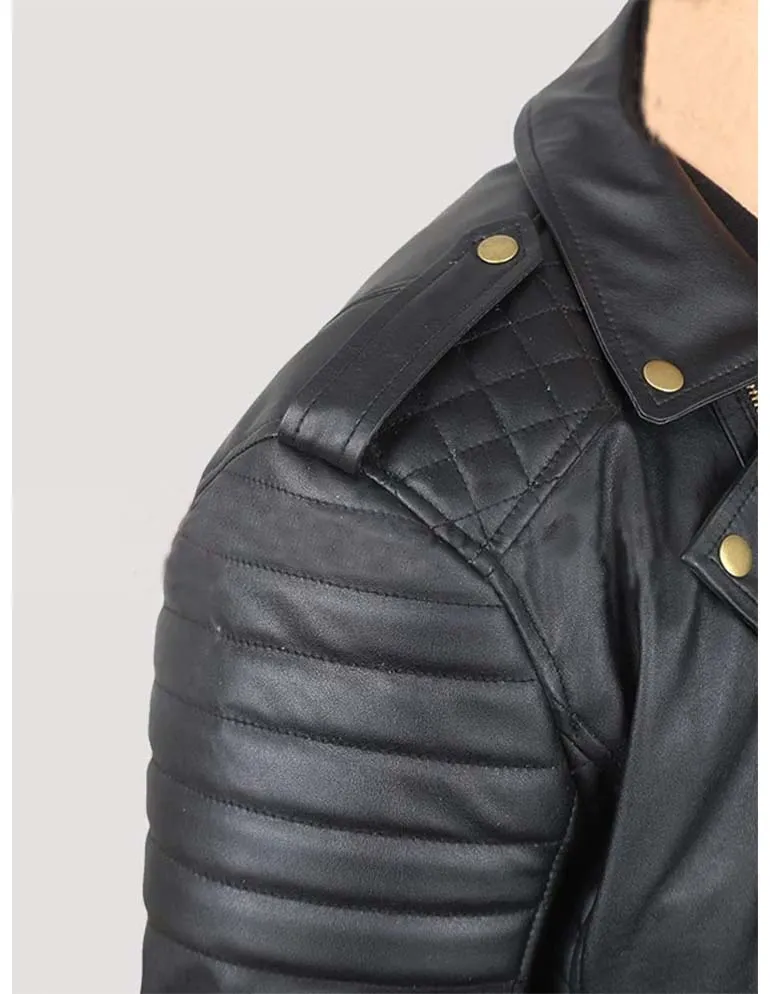 MEN’S BLACK LEATHER BIKER JACKET WITH GOLD ZIPPERS BY TJS