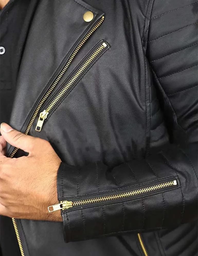 MEN’S BLACK LEATHER BIKER JACKET WITH GOLD ZIPPERS BY TJS