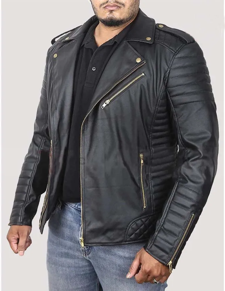 MEN’S BLACK LEATHER BIKER JACKET WITH GOLD ZIPPERS BY TJS
