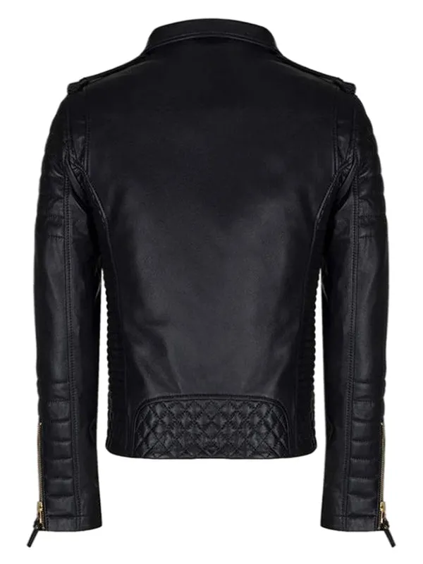 MEN’S BLACK LEATHER BIKER JACKET WITH GOLD ZIPPERS BY TJS