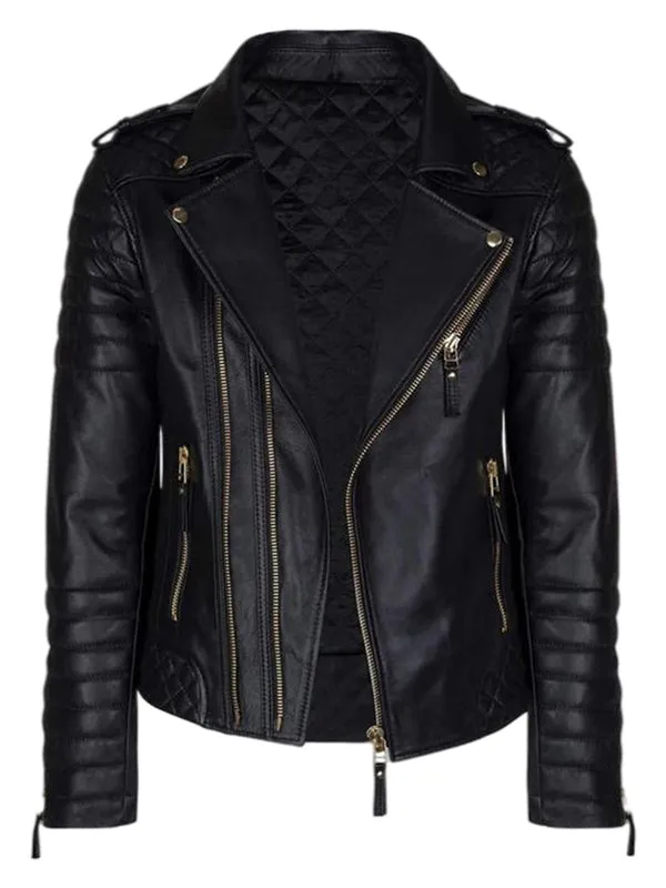 MEN’S BLACK LEATHER BIKER JACKET WITH GOLD ZIPPERS BY TJS