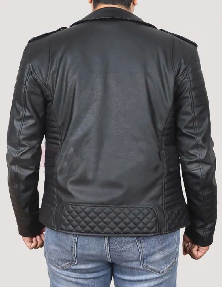 MEN’S BLACK LEATHER BIKER JACKET WITH GOLD ZIPPERS BY TJS