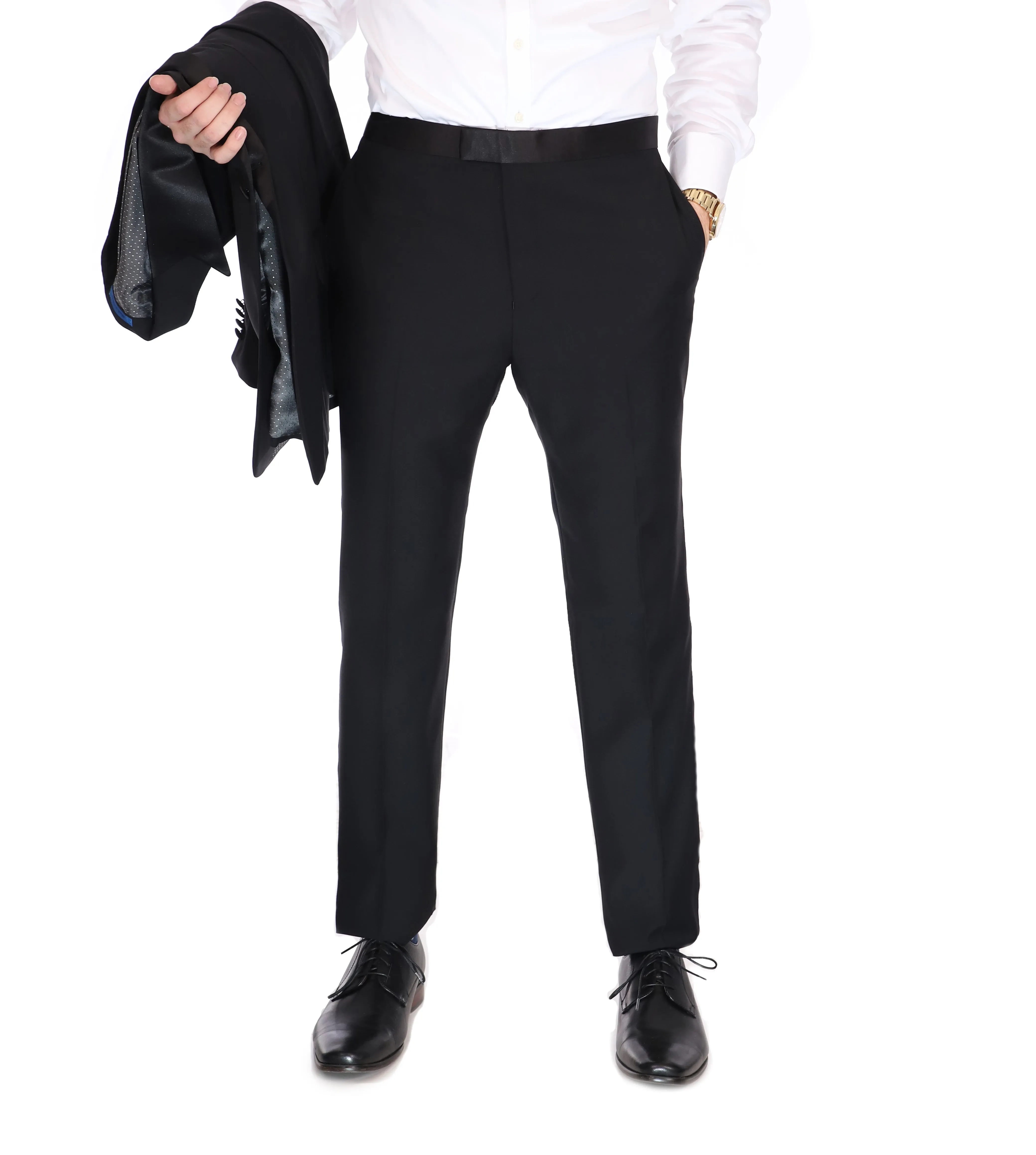Men's Blujacket Black 100% Wool Classic Fit Tuxedo Dress Pants with Satin Ribbon