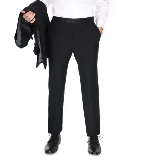 Men's Blujacket Black 100% Wool Classic Fit Tuxedo Dress Pants with Satin Ribbon