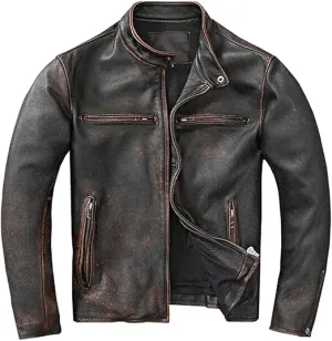 Mens Real Motorcycle Leather Jackets-Mens Café Racer Real Leather Biker Jacket