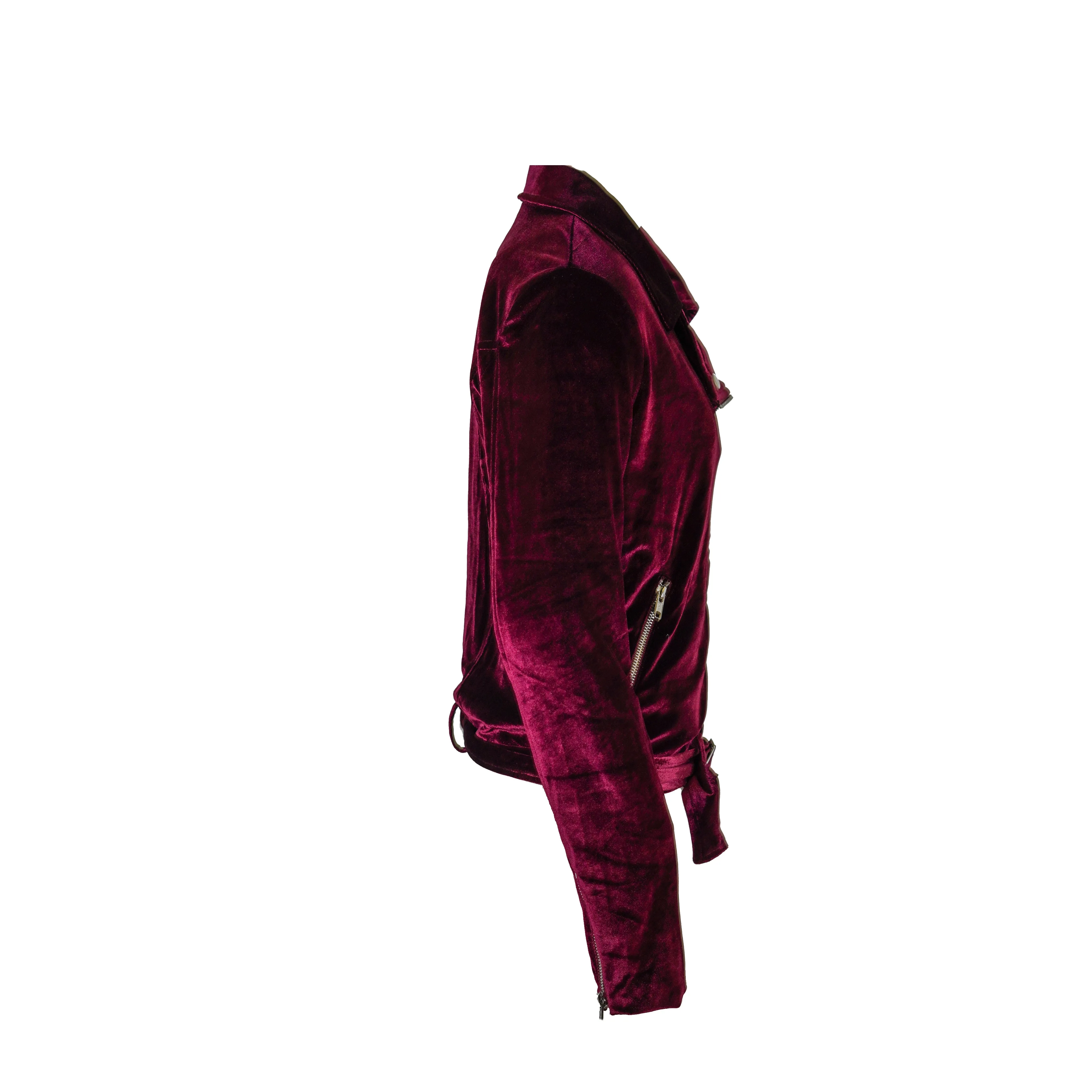 Minkpink Women's Velvet Full Zip Moto Jacket Wine Red Size XS