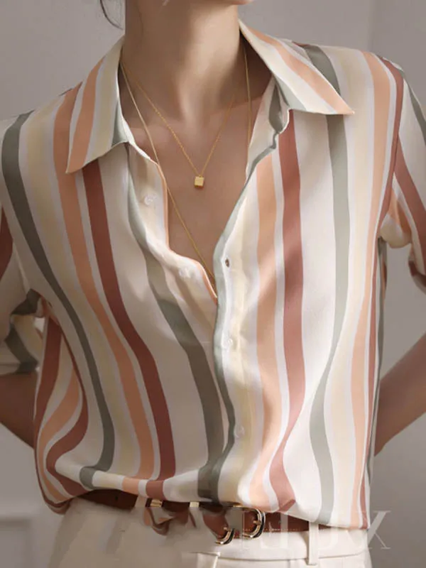 Multi-Colored Striped Long Sleeves Lapel Shirts Tops