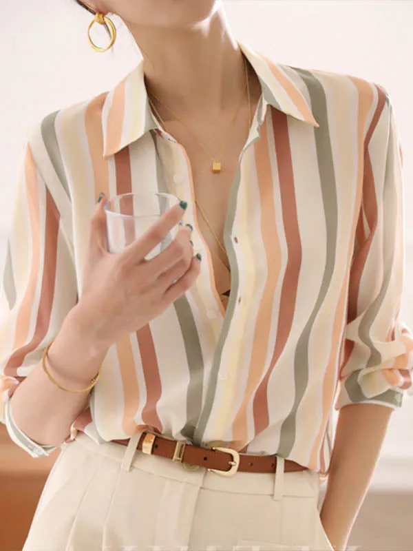 Multi-Colored Striped Long Sleeves Lapel Shirts Tops