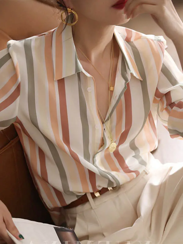 Multi-Colored Striped Long Sleeves Lapel Shirts Tops