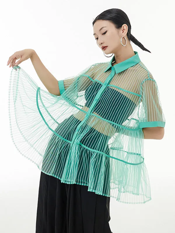 Original Short Sleeves Loose Buttoned Mesh Pleated Solid Color Blouses&Shirts Tops