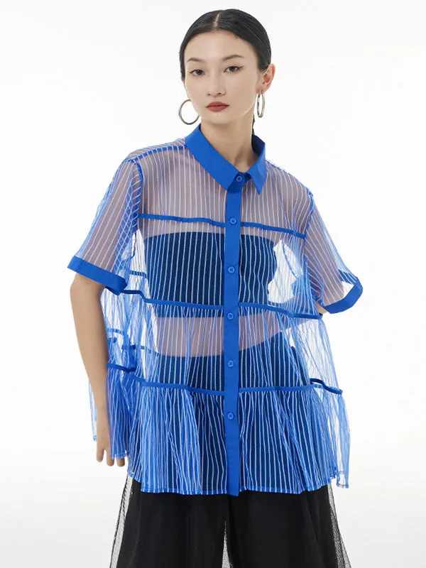 Original Short Sleeves Loose Buttoned Mesh Pleated Solid Color Blouses&Shirts Tops