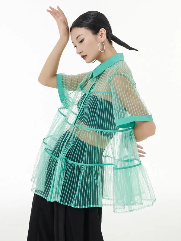 Original Short Sleeves Loose Buttoned Mesh Pleated Solid Color Blouses&Shirts Tops