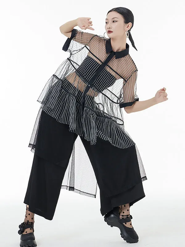 Original Short Sleeves Loose Buttoned Mesh Pleated Solid Color Blouses&Shirts Tops