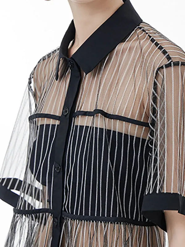 Original Short Sleeves Loose Buttoned Mesh Pleated Solid Color Blouses&Shirts Tops