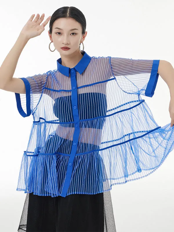 Original Short Sleeves Loose Buttoned Mesh Pleated Solid Color Blouses&Shirts Tops