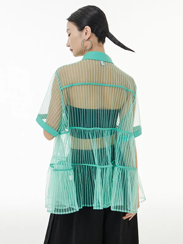 Original Short Sleeves Loose Buttoned Mesh Pleated Solid Color Blouses&Shirts Tops