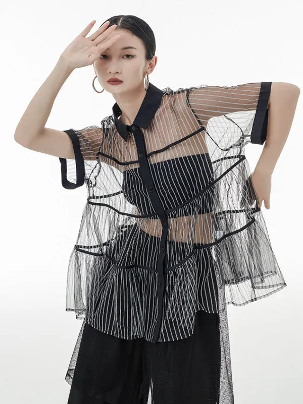 Original Short Sleeves Loose Buttoned Mesh Pleated Solid Color Blouses&Shirts Tops