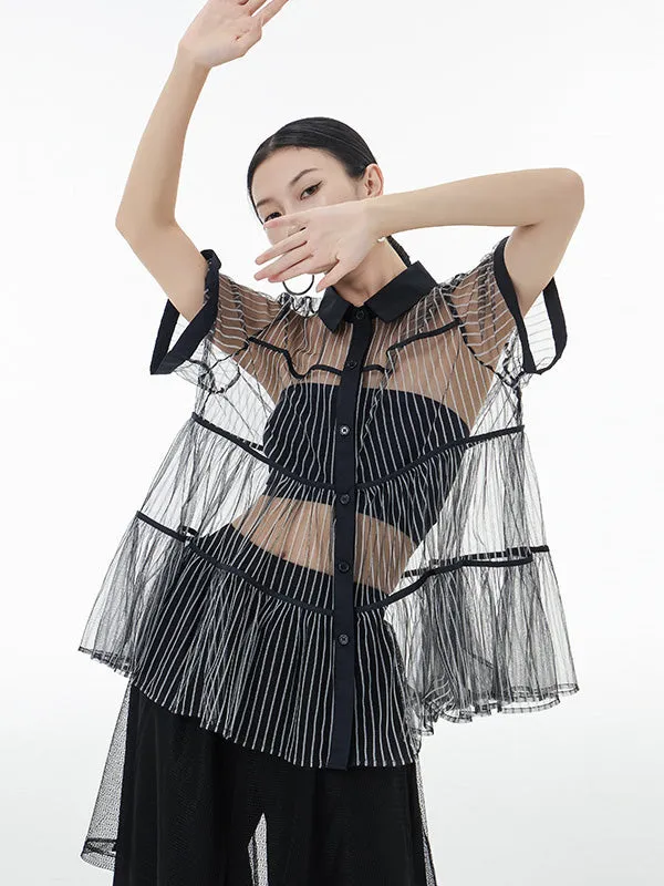 Original Short Sleeves Loose Buttoned Mesh Pleated Solid Color Blouses&Shirts Tops