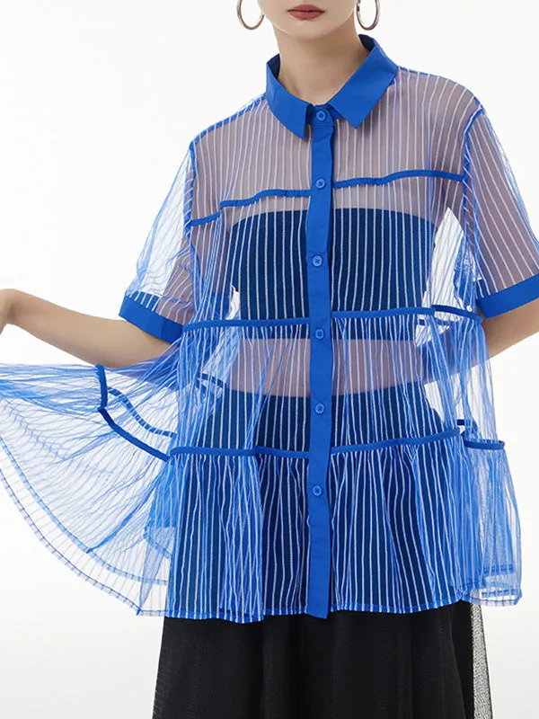 Original Short Sleeves Loose Buttoned Mesh Pleated Solid Color Blouses&Shirts Tops