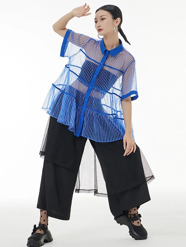 Original Short Sleeves Loose Buttoned Mesh Pleated Solid Color Blouses&Shirts Tops