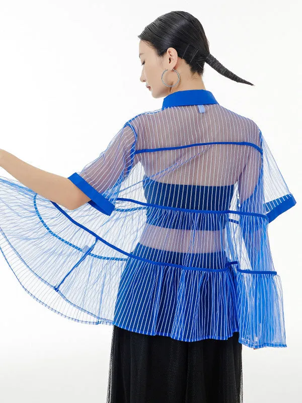 Original Short Sleeves Loose Buttoned Mesh Pleated Solid Color Blouses&Shirts Tops