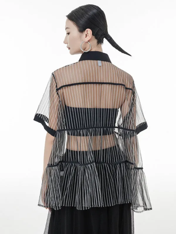 Original Short Sleeves Loose Buttoned Mesh Pleated Solid Color Blouses&Shirts Tops