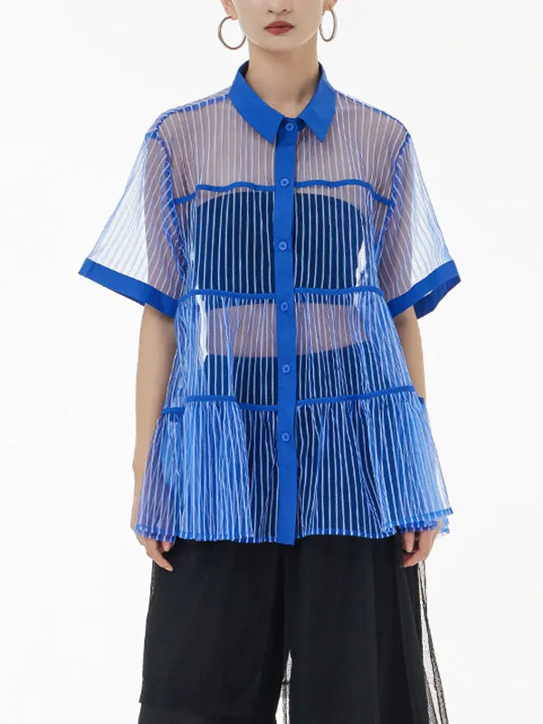 Original Short Sleeves Loose Buttoned Mesh Pleated Solid Color Blouses&Shirts Tops