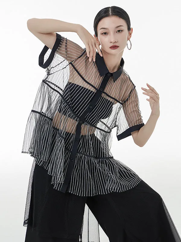 Original Short Sleeves Loose Buttoned Mesh Pleated Solid Color Blouses&Shirts Tops