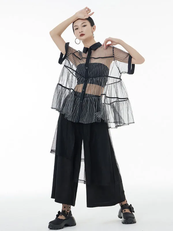 Original Short Sleeves Loose Buttoned Mesh Pleated Solid Color Blouses&Shirts Tops
