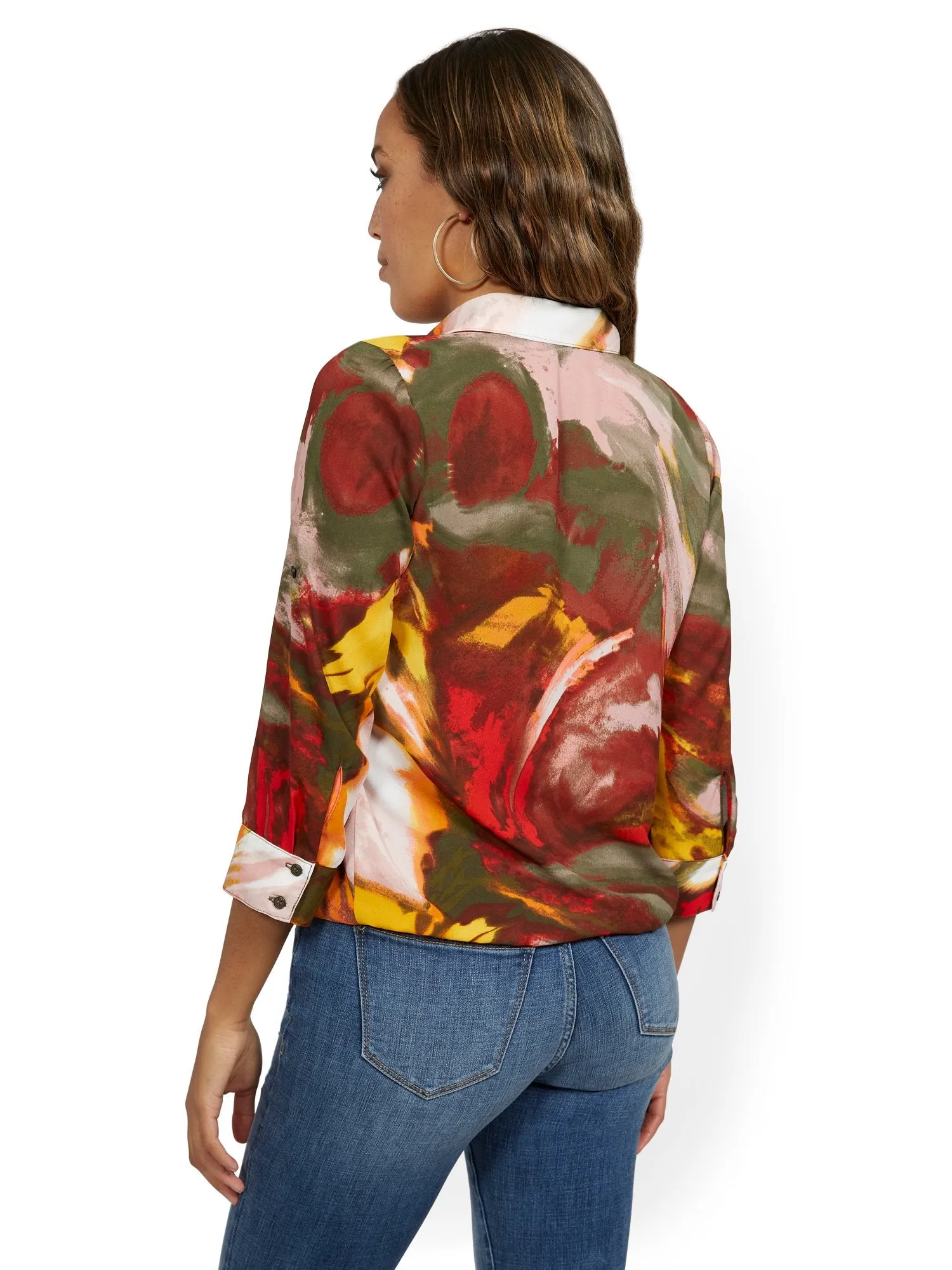 Petite Hazy Tab-Sleeve Split-Neck Top