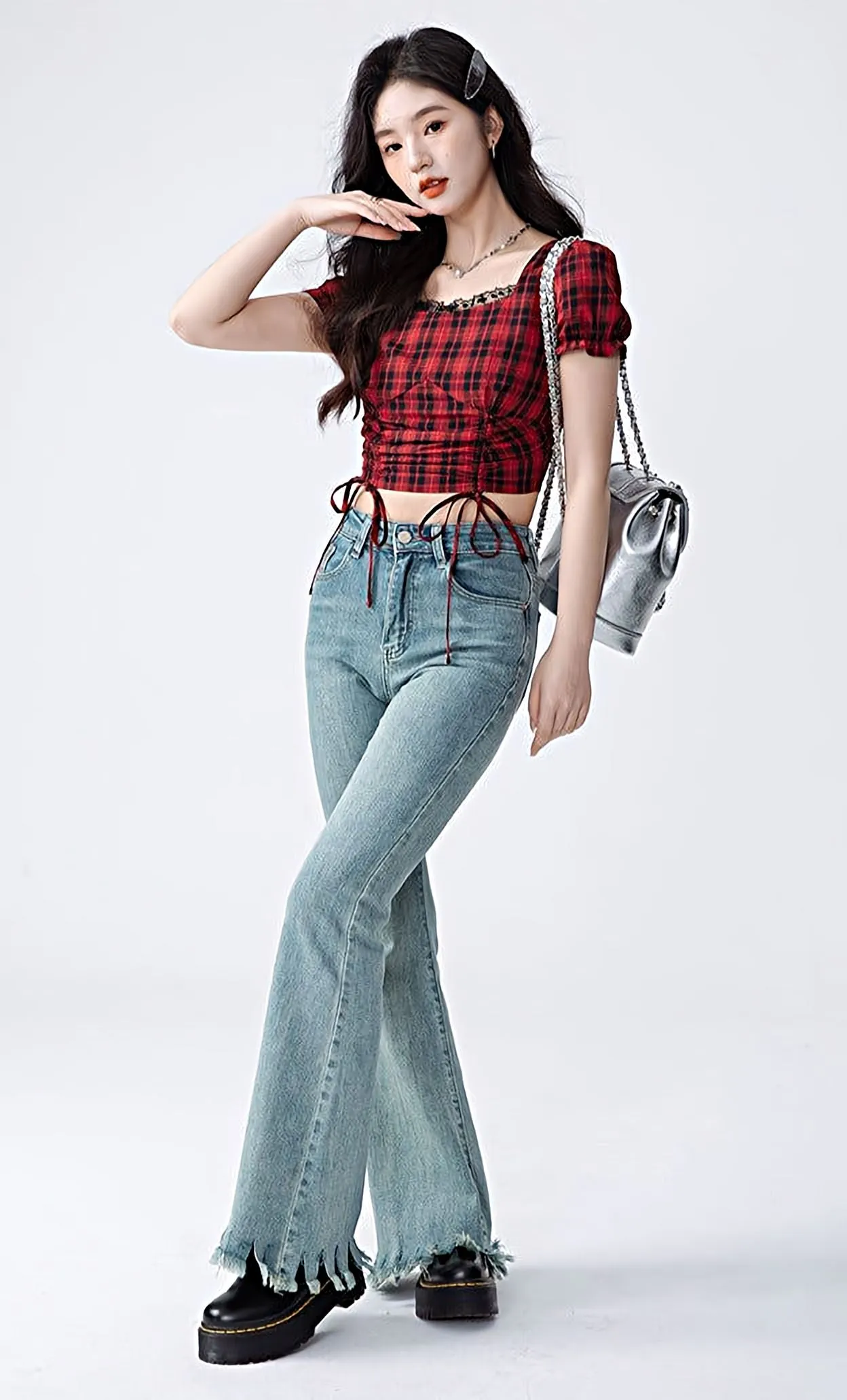 Plaid Ruched Puff Sleeve Crop Top
