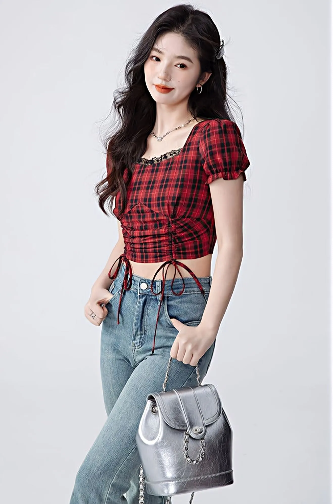 Plaid Ruched Puff Sleeve Crop Top