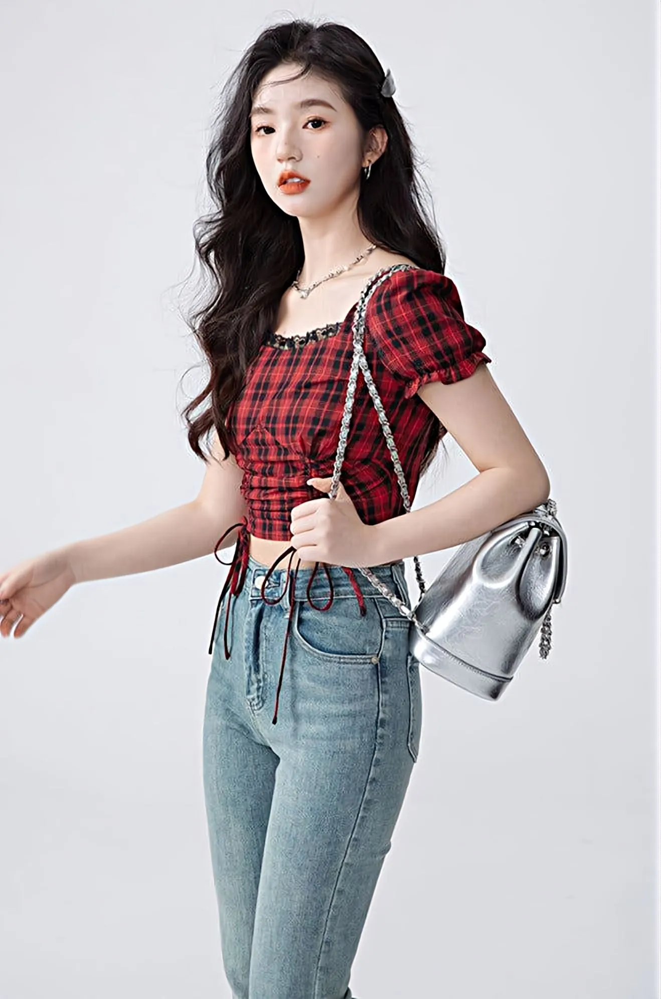 Plaid Ruched Puff Sleeve Crop Top