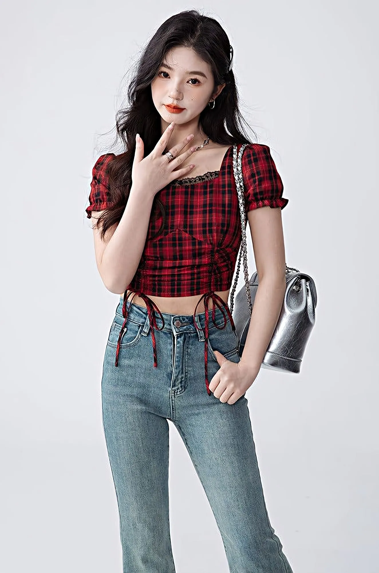 Plaid Ruched Puff Sleeve Crop Top
