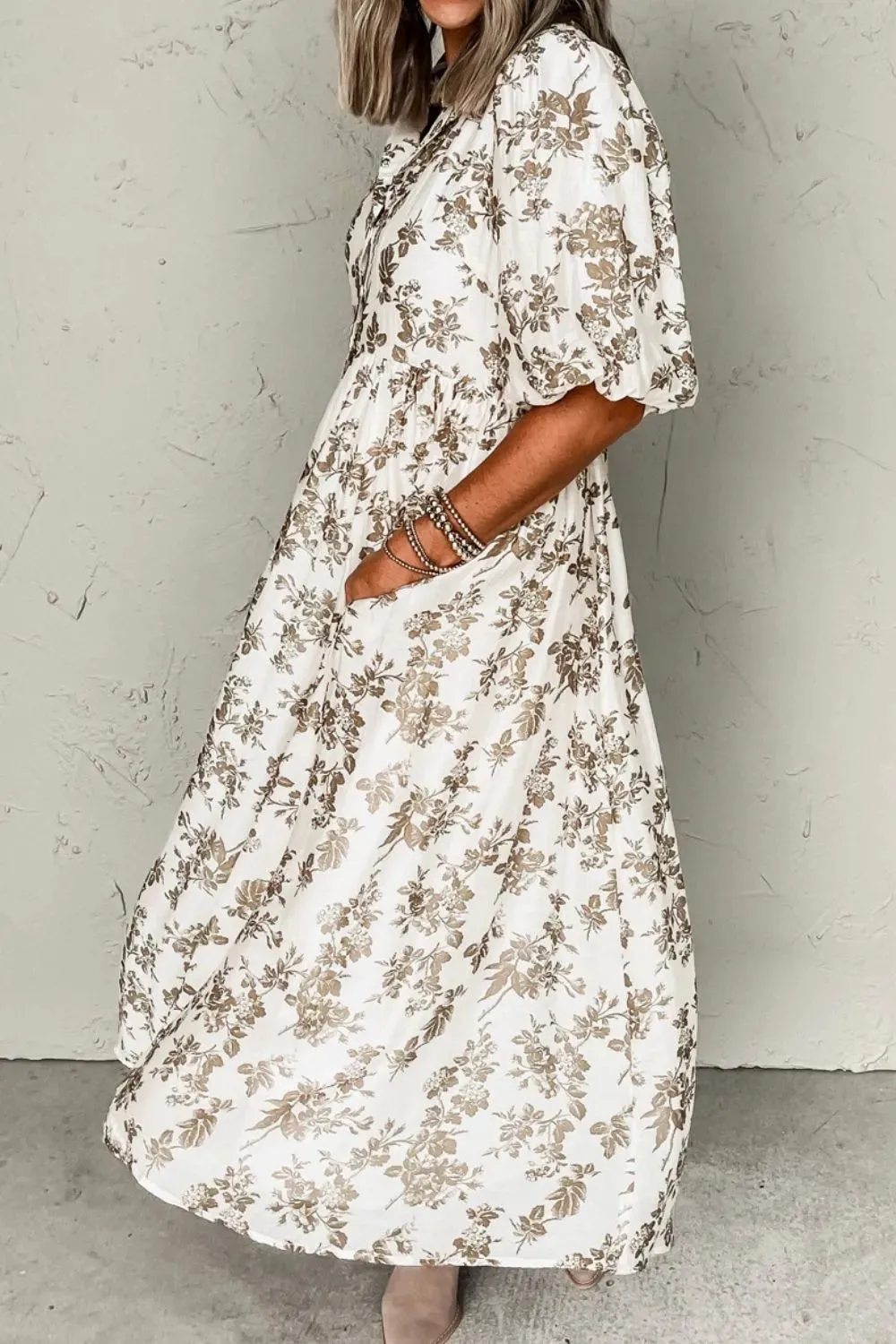 Printed Button Front Puff Sleeve Dress