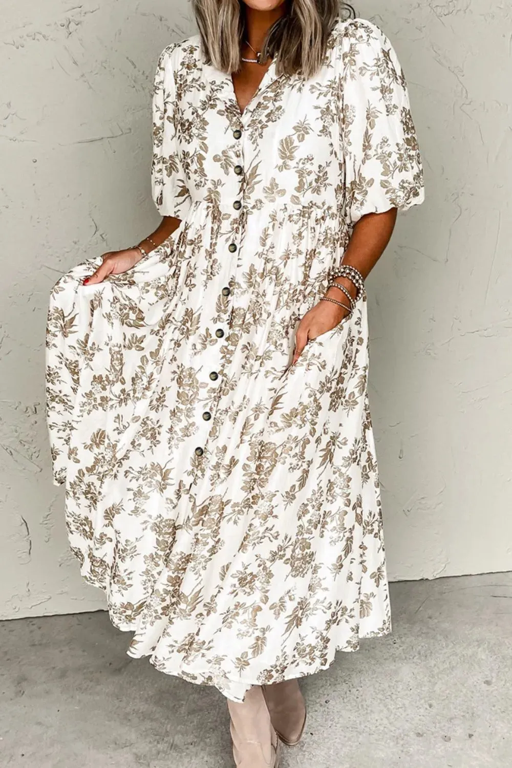 Printed Button Front Puff Sleeve Dress